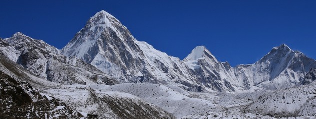 Scene on the way to Everest base camp, Nepal. Mount Pumori and Lingtren.
