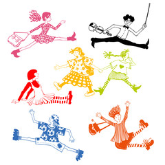 Teenagers flee, rush, fall, all different