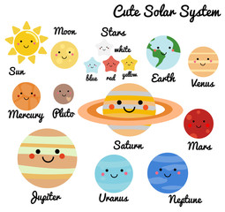 Fototapeta premium Cute galaktyka, przestrzeń, elementy układu słonecznego. Kawaii księżyc, słońce i planety ilustracji wektorowych dla dzieci. Pojedyncze elementy projektu dla dzieci. Naklejki, etykiety, ikony, infografiki dla dzieci