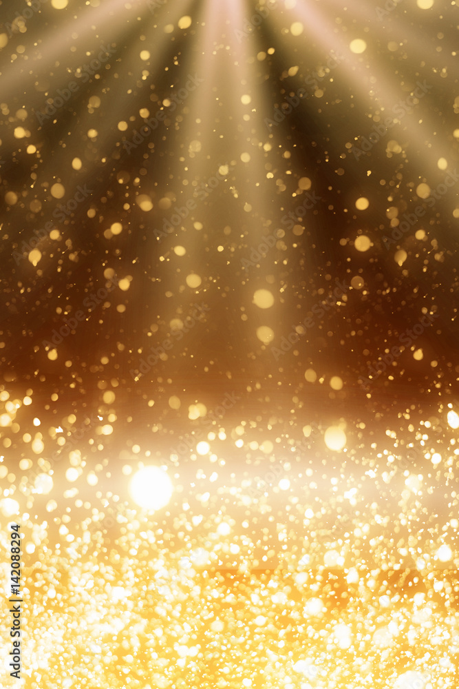 Poster golden sparkles and rays lights. merry christmas festive background.defocused circle bokeh or partic