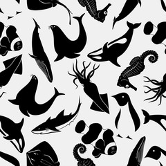 Sea Animals seamless pattern. Repeating Penguin, Stingray, Sea lion, Grampus, Shark, Whale, Squid, Clownfish, Sea Lion and Seahorse