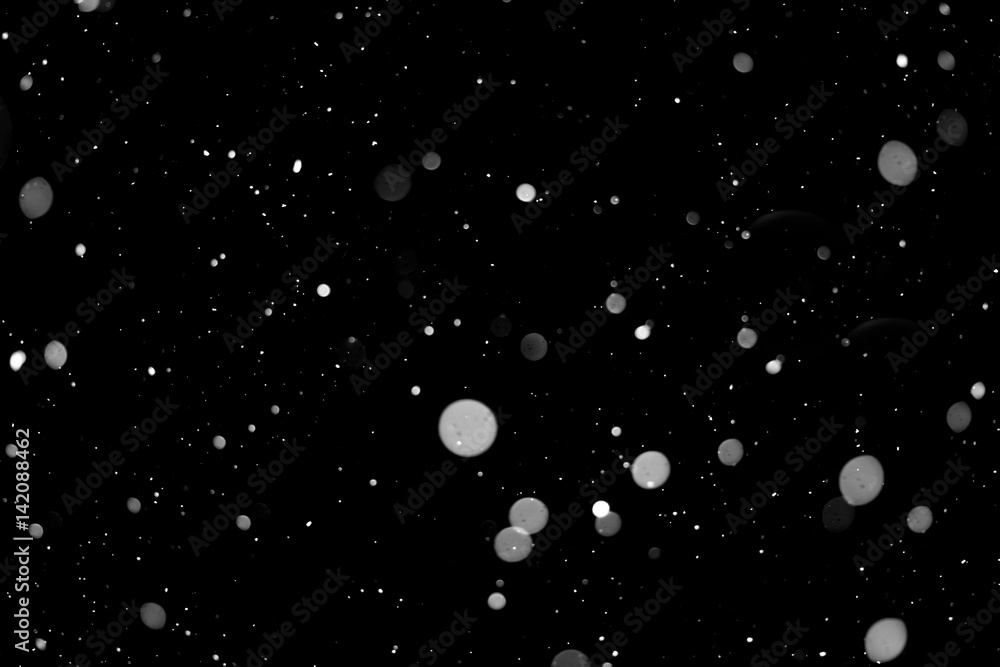 Poster falling snowflakes or defocused particels bokeh isolated on black background - design element