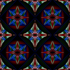Colorful abstact seamless pattern, decorative kaleidoscope stained glass style. Vector texture for wallpapers, pattern fills, fabric, textile print, web page backgrounds