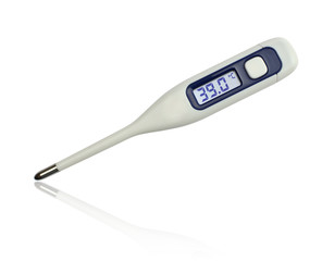 39 degrees Celsius on clinical electronic thermometer on white background