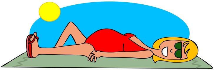 Pregnant woman in a swimsuit laying on a towel sunbathing.