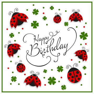 Vector Illustration of a Happy Birthday Greeting Card with Ladybugs