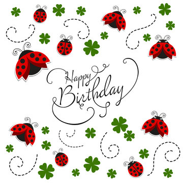 Vector Illustration of a Happy Birthday Greeting Card with Ladybugs