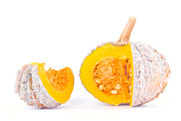  fresh pumpkin squash slices with seeds on white background healthy  kabocha Vegetable food isolated
