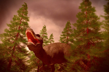 roaring T-rex, Tyrannosaurus rex dinosaur between pine trees