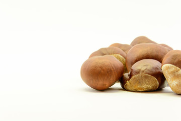 Closeup chestnuts isolated on white background. Fresh autumn chestnut. Sweet natural fruit the chestnut tree. Sign of autumn. Autumn decoration from chestnuts.