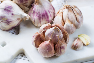 Garlic. Dried French garlic. Red garlic. Violet garlic.Garlic background. garlic bulbs.