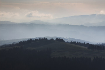 Dawn in the mountains. Spring. Travel to the Carpathians Ukraine