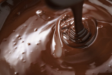 macro photo of premium dark chocolate pour in bowl