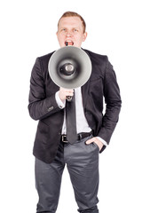 man holding megaphone. human emotion expression and lifestyle concept.