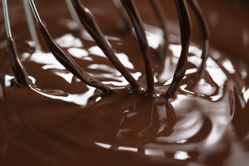 closeup of steel whisk in melted dark premium chocolate