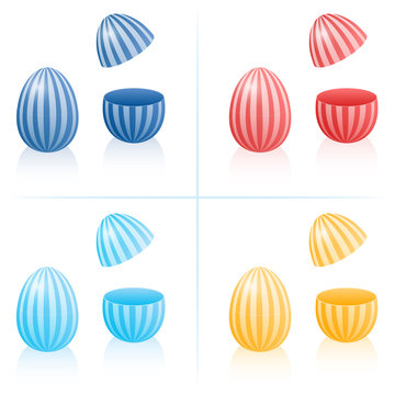 Easter egg fillable boxes with stripes, closed and opened to be filled - in four different colors. Three-dimensional isolated vector illustration on white background.