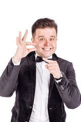 businessman making his fingers the small size. emotions, facial expressions, feelings, body language, signs.