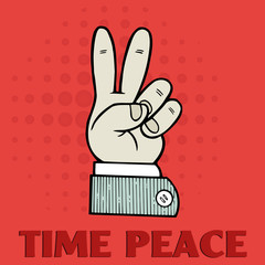 Hand symbol of peace sign with the text "time peace"