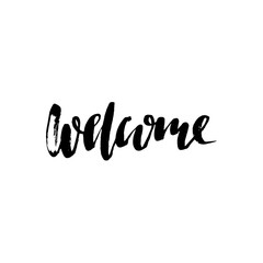 Fototapeta na wymiar Welcome inscription. Greeting card with calligraphy. Hand drawn design elements. Black and white vector illustration. Handwritten dry brush inscription.