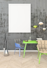 mock up of the poster in a frame on the wall with plaster in a modern interior. 3D visualization