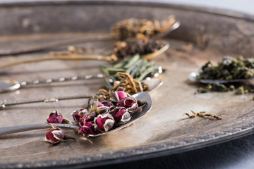 Variety of green and herbal teas in spoons, selective focus