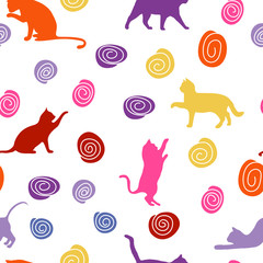 Cats and balls. seamless baby background with colour cats and balls.