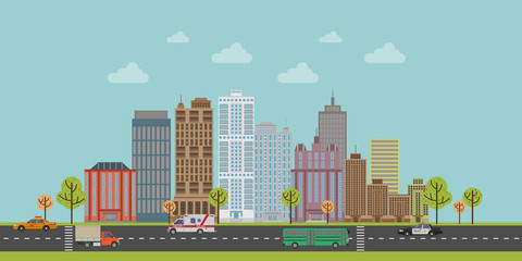 City buildings set. Green trees.Vehicles
