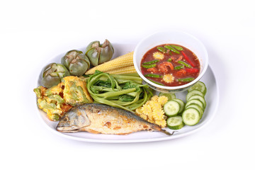 Spicy shrimp paste dip ,Nam Prik Kapi with side dish.
