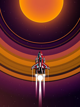 space ship across orange planet with giant orange ring system