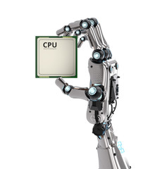 robot hand holding cpu chip