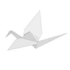 Isolated figure of japanese crane folded from white paper in origami style on white background