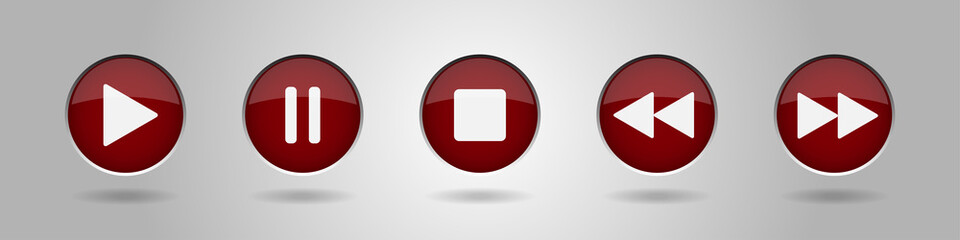 burgundy music control buttons set,gray background