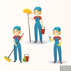 Illustration of a cute cartoon Girl Providing Housecleaning Service set woman clean house