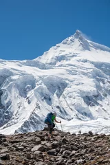 Fotobehang Manaslu Trekker in front of Manaslu glacier on Manaslu circuit trek in Nepal