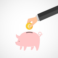 Piggy bank and hand with coin. Vector illustration.