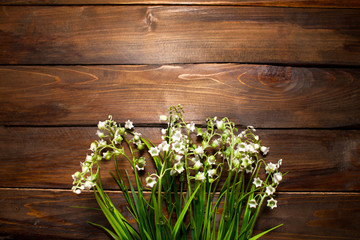 Beautiful spring flowers lily of the valley on woodward wooden background