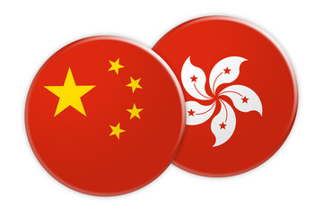 News Concept: China Flag Button On Hong Kong Flag Button, 3d illustration on white background