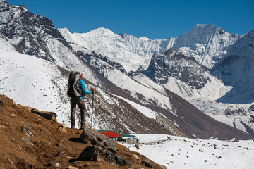 Trekker in Khumbu valley on a way to Everest Base camp