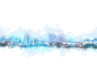 Building on watercolor background. City on watercolor background, Watercolor painting