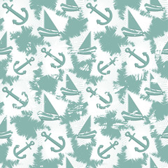 Grunge seamless pattern with boats and anchors. Vector