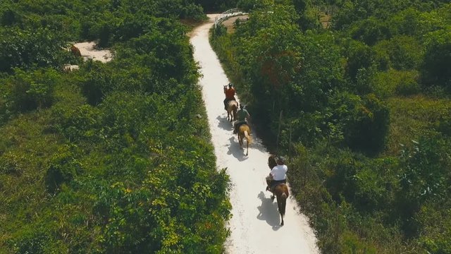 Three men slowly riding on horses in the daytime