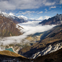 Manaslu valley covered with clouds on Manaslu circuit trek in Nepal