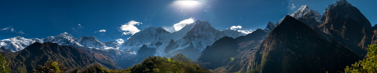 Panoramic view at Manaslu mountain range in Nepal - obrazy, fototapety, plakaty