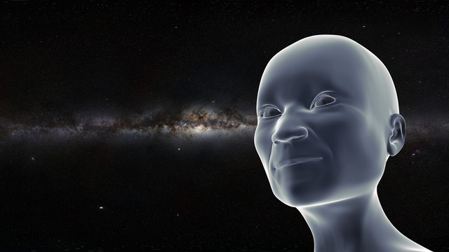 smiling elderly person looking up to the stars with the Milky Way galaxy in the background (3d illustration, elements of this image are furnished by NASA)