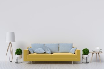 Fototapeta na wymiar White living room interior with Yellow fabric sofa ,lamp and plants on empty white wall background.3d rendering