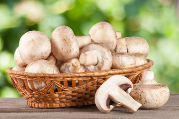 Champignon mushrooms in a wicker basket on wooden table with blurry garden background