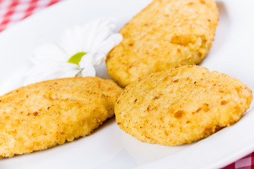 Chicken cutlets on white plate
