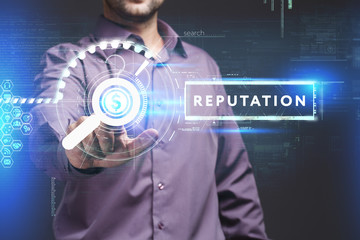 Business, Technology, Internet and network concept. Young businessman working on a virtual screen of the future and sees the inscription: Reputation