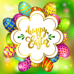 Multi colored easter eggs on a blurred green background with the hand drawn lettering Happy Easter_1