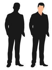 silhouette of a man in a suit, hands in pockets